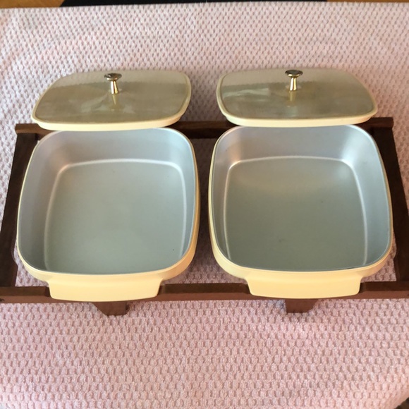 Vtg Thermo Serv Casserole Dishes w/wood stand Beach Design 2QTs each - Picture 4 of 10